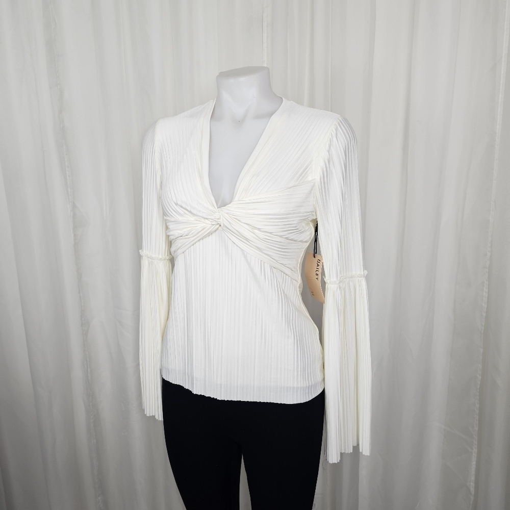 Bailey 44 Cindy Top Cream White Pleated Twist Front Blouse Bell Sleeve Med NWT